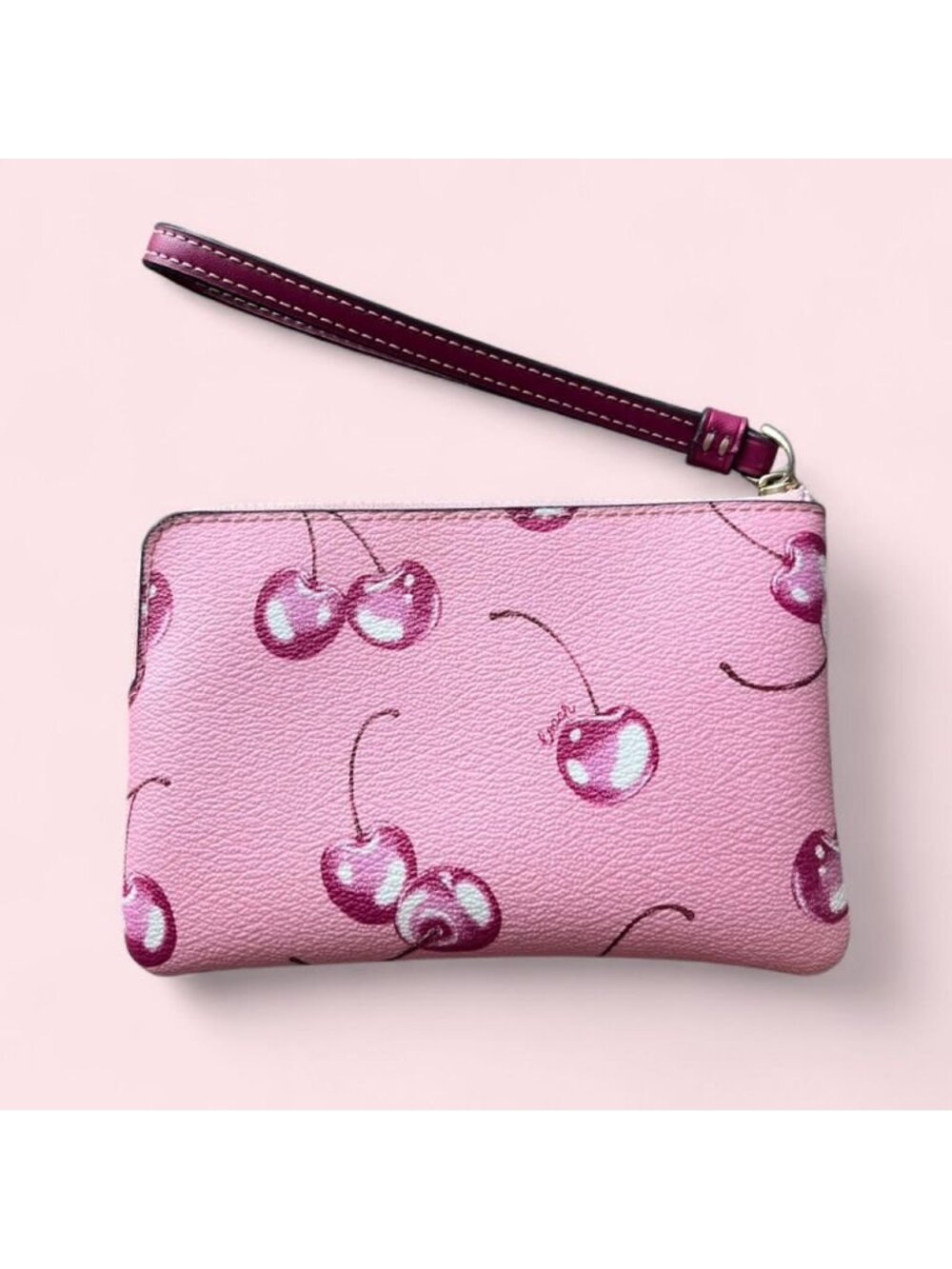 Coach Cherry Print Pink Corner Zip Wristlet Luxury Coquette Dainty Preppy Cute - Picture 4 of 6